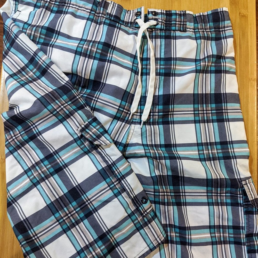 Blue Plaid Swim Trunks